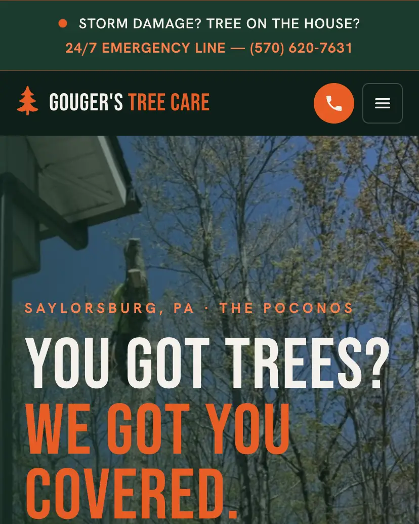 Gouger's Tree Care homepage — a bucket truck lifting into the forest canopy behind the headline You got trees? We got you covered.