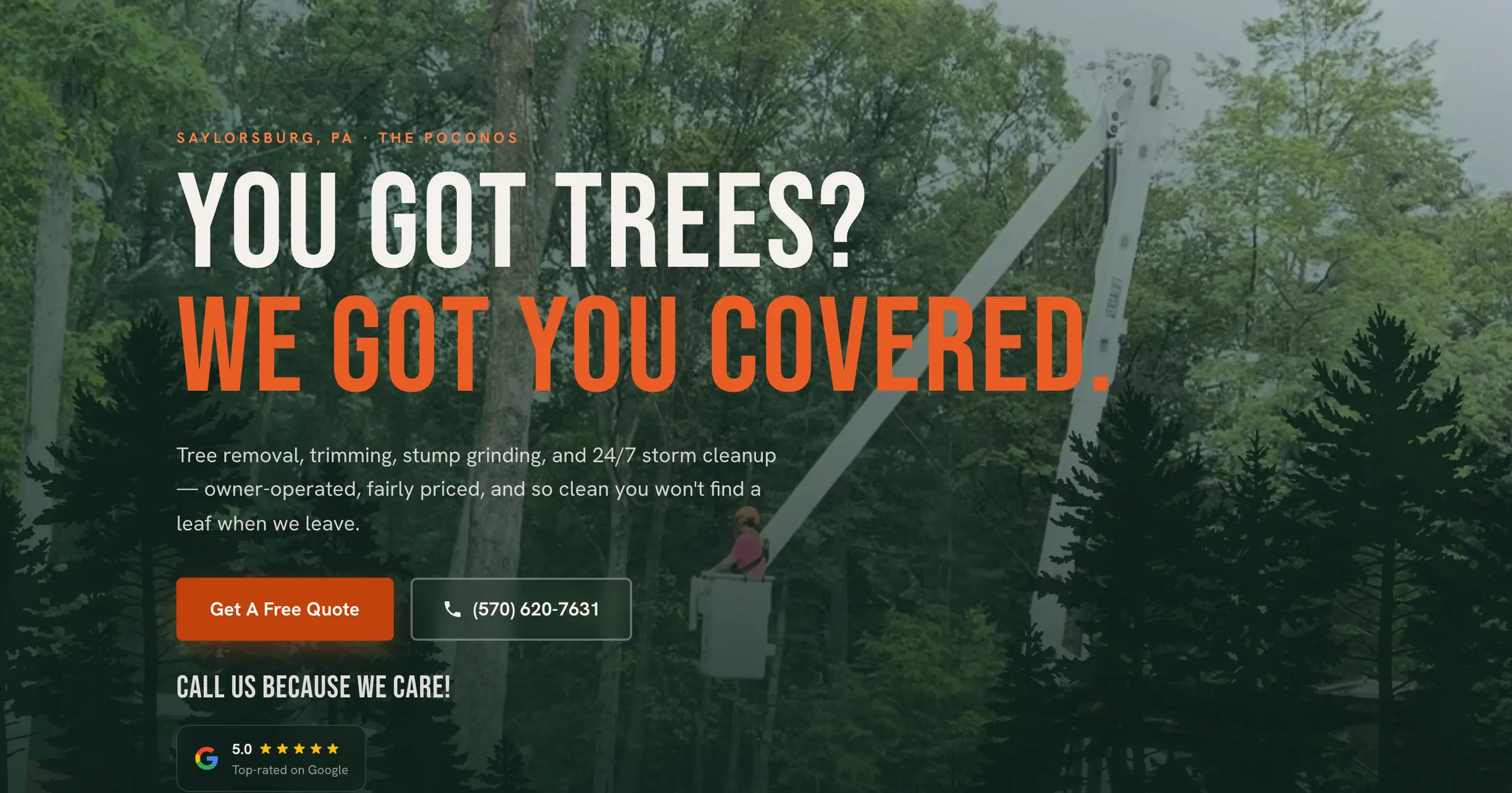 Gouger's Tree Care homepage — a bucket truck lifting into the forest canopy behind the headline You got trees? We got you covered.
