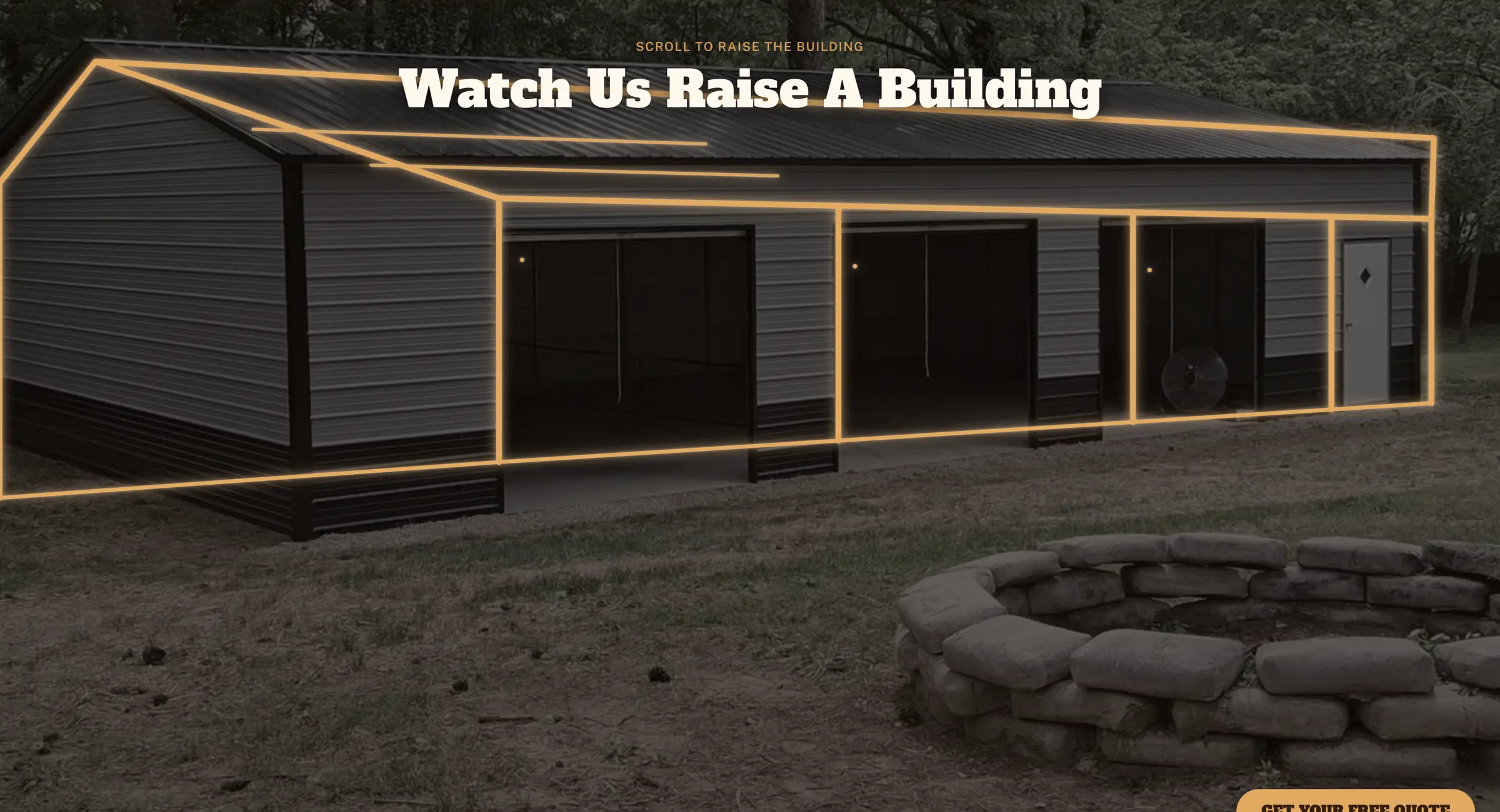 Uncle Josh's Buildings homepage — a pole barn drawing itself in an orange wireframe as the page scrolls.